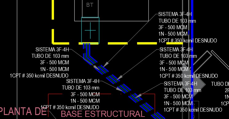 Plano eléctrico: trazo de canalizaciones con sistema 3F-4H, tubería de 103 mm y conductores de 500 MCM