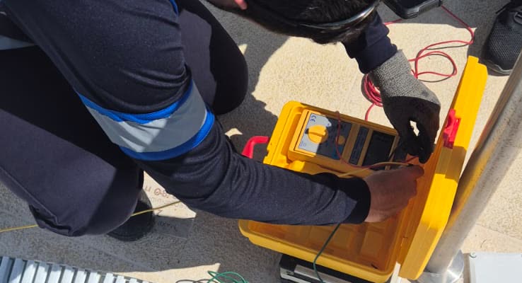 Técnico midiendo la resistencia de la red de tierras con un telurómetro
